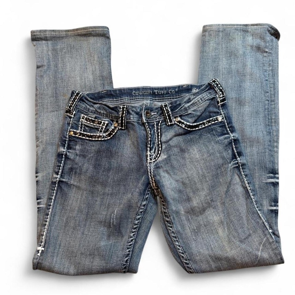Cowgirl Tuff black‎ diamond western rodeo bootcut denim blue jeans fits 27x33